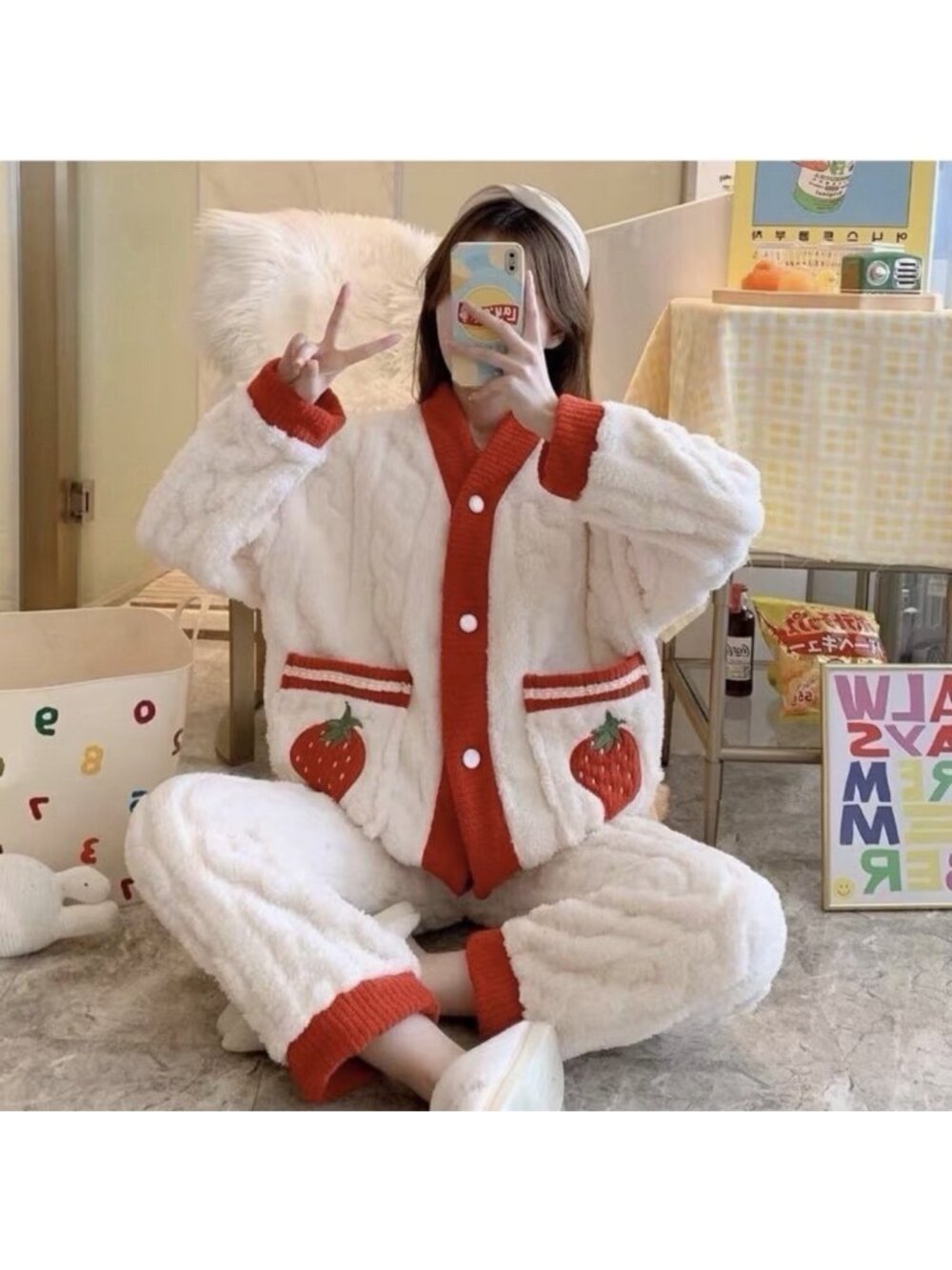 Temu 2-PC Fuzzy Fleece Loungewear PJ Strawberry Button Cardigan & Pant Set XL